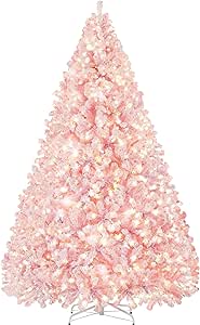 Yaheetech 9ft Pre-lit Artificial Christmas Tree with Incandescent Warm White Lights, Snow Flocked Full Prelighted Xmas Tree with 2084 Branch Tips, 900 Incandescent Lights & Foldable Stand, Pink