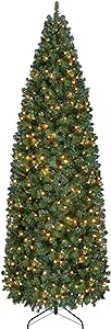 Yaheetech 9ft Pre-lit Artificial Christmas Tree with 500 Warm Lights Hinged Spruce Pencil with Foldable Stand Holiday Decoration Slim Tree, Green