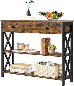 Yaheetech Console Table with Drawer, Entryway Table with 3 Tier Storage Shelves, Narrow Long Sofa Table for Entryway, Living Room, Hallway, Couch, Kitchen, Metal Frame, Rustic Brown