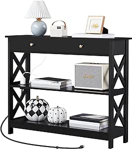 Yaheetech Entryway Table with Drawer, Wood Console Table with Outlets and USB Ports, Sofa Table Narrow Long with Storage Shelves for Living Room, Hallway, Foyer, Black