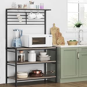 Yaheetech Bakers Rack for Kitchen with Storage, Microwave Oven Stand Coffee Bar Station with 5 Hooks, Kitchen Island Utility Storage Shelf with Adjustable Feet, Gray