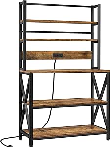 I was surprised by how sturdy and beautiful this Baker' Rack is. The wood shelves are heavy and very sturdy, beautiful wood grain on both sides of all the shelves, pairs perfectly with the black iron, and the electric outlet is a great bonus. I was able to fit a lot on all the shelves. Top two shelves are more narrow but easily fit bottles of coffee syrup and pretty containers housing kcups. The main shelf easily holds my smallish microwave and 4-slice toaster with room to spare, and the bottom