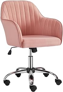 Yaheetech Velvet Office Desk Chair, Height Adjustable Task Chairs, Modern Makeup Chair, 360° Swivel Computer Mid Back Chair for Living Room with Arms&Stainless Base Accent Pink