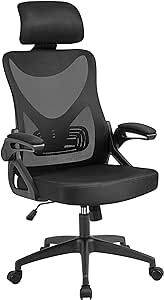 Yaheetech Ergonomic Mesh Office Chair, High Back Desk Chair with with flip-up Armrests, Adjustable Padded Headrest Computer Chair with Lumbar Support for Home Oiffce Game Room, Black