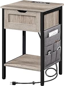 Yaheetech Nightstand with Charging Station & 2 USB Power Outlets, Bedside Table with 1 Drawer & Shelf, Steel-Framed Storage Cabinet with Fabric Bags, Wood End Table Sofa Side Table for Bedroom, Gray