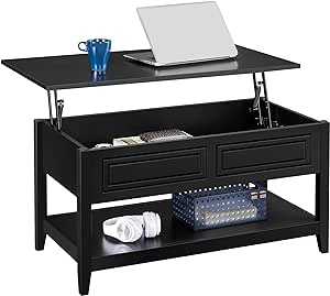 Yaheetech Lift Top Coffee Table with Hidden Compartment and Open Storage Shelf Pop Up Center Table for Living Room Reception, Black