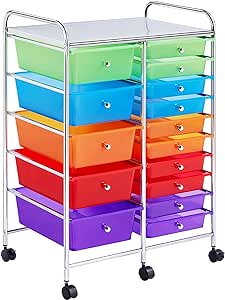 Yaheetech 15 Drawers Rolling Storage Cart Multipurpose Mobile Rolling Utility Storage Organizer Cart Tools Scrapbook Paper Organizer on Wheels, Multicolor