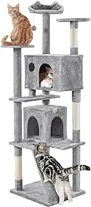 Yaheetech Tall Cat Tree, 80in Multi-Level Cat Tower with Cat Scratching Posts, Double Cat Caves, Perched Platforms and Dangling Balls, Cat Stand House for Kittens Pet, Light Gray