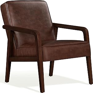 Yaheetech PU Leather Accent Chair, Mid-Century Modern Barrel Chair with Wooden Frame and Soft Thick Padded for Living Room Bedroom Home Office, Dark Brown