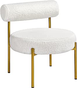 Yaheetech Boucle Accent Chair, Modern Tufted Vanity Chair, Cozy Sherpa Barrel Chair with Gold Legs, Club Chair for Living Room Bedroom Vanity Room Home Office, White