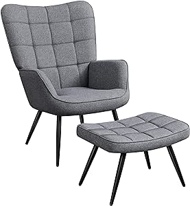 Yaheetech Accent Chair with Footrest, Armchair and Ottoman with High Back and Metal Legs Single Oversized Sofa Club Chair and Ottoman Set for Living Room Bedroom Office, Grey