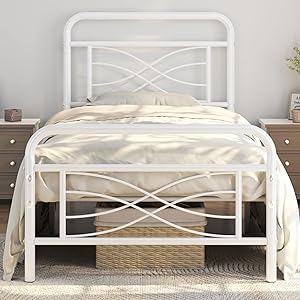 Yaheetech Twin Metal Bed Frame with Criss-Cross Design, Ample Underbed Storage Space, Heavy Duty Slat Support, No Box Spring Needed, White