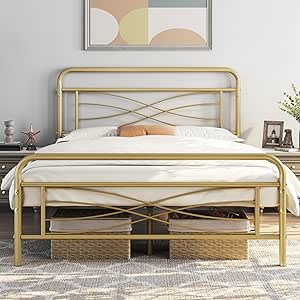 Yaheetech Full Bed Frames Metal Platform Bed Mattress Foundation with Criss-Cross Design Headboard, Ample Underbed Storage Space, Heavy Duty Slat Support, No Box Spring Needed, Full Size Antique Gold