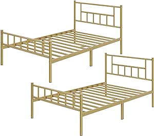 Yaheetech 2 Pcs 13 inch Twin Size Metal Bed Frame with Headboard and Footboard Platform Bed with Storage No Box Spring Needed Mattress Foundation, Antique Gold