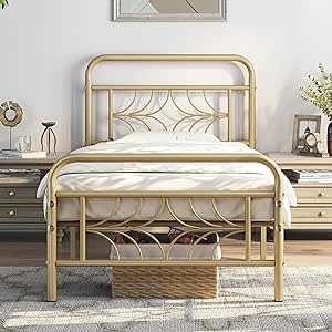 Yaheetech Twin Size Bed Frame Metal Platform Bed with Sparkling Star-Inspired Design Headboard, 13 Inch Underbed Storage, No Box Spring Needed, Easy Assembly, Modern, Antique Gold