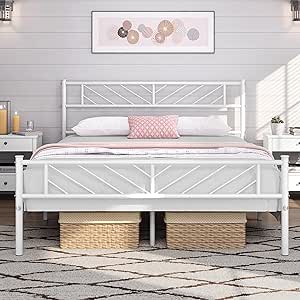 Yaheetech Queen Size Platform Bed Frame with Arrow Design Headboard, 13 Inches Metal Mattress Foundation for Storage, No Box Spring Needed, Easy Assembly, Modern, White