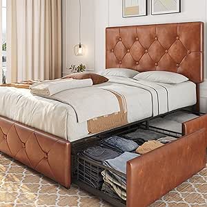 Yaheetech Full Upholstered Bed Frame with 4 Storage Drawers and Adjustable Headboard, Faux Leather Platform Bed with Mattress Foundation, Strong Wooden Slats Support, No Box Spring Needed, Amber Brown