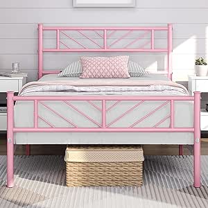 Yaheetech Twin Size Platform Bed Frame with Arrow Design Headboard, 13 Inches Metal Mattress Foundation for Storage, No Box Spring Needed, Easy Assembly, Modern, Pink