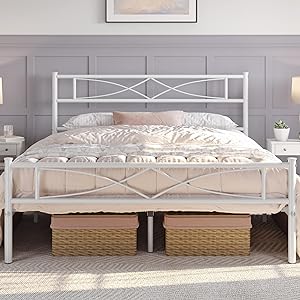 This is a great bed frame. Its high up lots of space under the bed. It looks really pretty. My husband and I put it together in a few hours, very easy. Its light but strong and sturdy. We got the queen size, together our weight is maybe around 350lbs and its holding up nicely. I move a lot in my sleep and my husband is a light sleeper and no creeks. The head board isnt as high up as it seems in the picture but its fine. Its worth the buy.