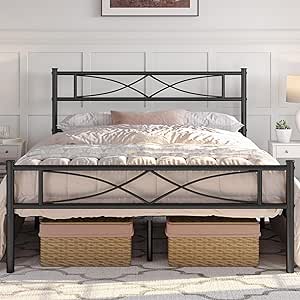 This is a great bed frame. Its high up lots of space under the bed. It looks really pretty. My husband and I put it together in a few hours, very easy. Its light but strong and sturdy. We got the queen size, together our weight is maybe around 350lbs and its holding up nicely. I move a lot in my sleep and my husband is a light sleeper and no creeks. The head board isnt as high up as it seems in the picture but its fine. Its worth the buy.