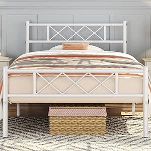 Yaheetech Metal Bed Frame Platform with Headboard and Footboard Mattress Foundation No Box Spring Needed Under Bed Storage Strong Slat Support Twin Size White