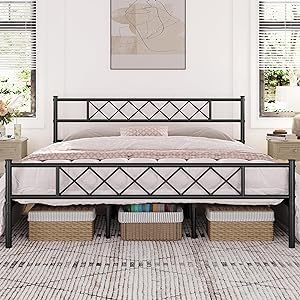 Yaheetech California King Metal Platform Bed Frame Mattress Foundation with Headboard and Footboard, No Box Spring Needed, Under-Bed Storage, Metal Slat Support, Black