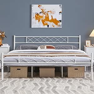 Yaheetech Metal Platform King Bed Frame Mattress Foundation with Headboard and Footboard No Box Spring Needed Under Bed Storage Steel Slats White