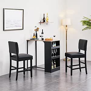 Yaheetech Faux Leather Bar Stools Set of 2 Modern Square Counter Height Bar Stools Island Chair with Solid Wood Legs and Upholstered Back, 2pcs, Black