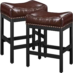 Yaheetech 26" Bar Stools Set of 2 Counter Height Bar Stools Leather Saddle Stool Kitchen Stools for Island Modern Backless Faux Leather Counter Stool, Dark Brown