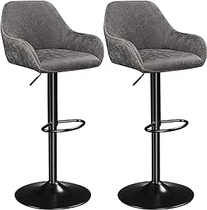 Yaheetech Vintage Bar Stools Set of 2 Modern Counter Height Barstools Vintage Pub Kitchen Swivel Leather Bar Chair with Backrest and Footrest, Grey