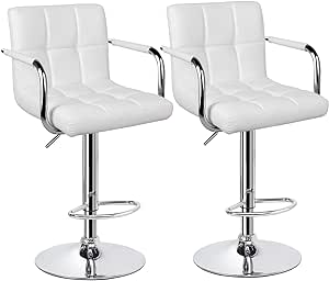 Yaheetech Tall Bar Stools Set of 2 Modern Square PU Leather Adjustable BarStools Counter Height Stools with Arms and Back Bar Chairs 360 Swivel Stool White