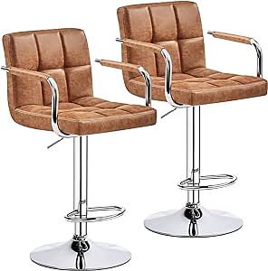 Yaheetech Modern Bar Stools Set of 2 Swivel Kitchen Stool Height Adjustable Square Counter Stool with Back&Armrest PU Leather Stool, Retro Brown