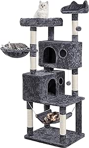 I purchased this Tower to replace last year' Tower purchase (different brand, shown in the 3rd picture). I'm happy with this purchase and will provide my pros/cons based on personal preference.Pro: Size! I have 2 adult cats, 9lb & 12lb. Compared to our other tree, the condos and side basket are much larger and accommodate adult cats. I really liked the large bed on this one as my larger cat (black & White) likes to sleep on the perch. Even the 