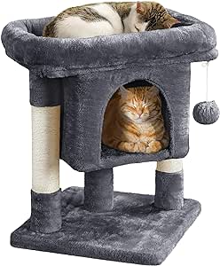 Not only attractive and plush, this cat tree tower was fun and so easy to put together. Equally important, it' one of the sturdiest cat trees I've come across. Moreover, it' a perfect fit for the 10 pound cat I sometimes watch over, and he enjoys both camping out in the cubical and lounging and sleeping on the roomy, plush, and comfy looking platform. It' a win win including the reasonable price when I purchased. And love the Pink!