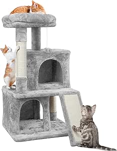 My Mom had me order this cat furniture for Lily so she would stop jumping on top of her jewelry box to look out the window. No, I dont know why Mom didnt just move the jewelry box somewhere else. I measured and floor to window sill is about 36 so this cat tree fits perfectly allowing for a comfy spot and a good view out the window. It was pretty easy to put together, soft carpet, seems sturdy. Lilys been using it for 2 weeks now and likes it a lot. Most of the time shes on top, but she also