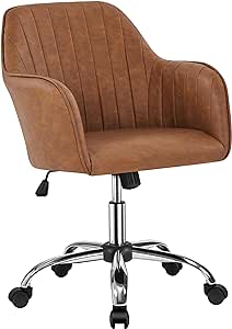 Yaheetech Modern Faux Leather Desk Chair Height Adjustable Task Chair Swivel Office Chair Makeup Chair Computer Chair Mid Back Chair Living Room Chairs with Arms Retro Brown