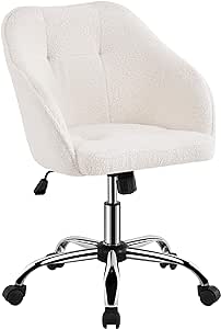 Yaheetech Modern Boucle Desk Chair, Makeup Vanity Chair with Adjustable Tilt Angle, Swivel Office Chair Upholstered Armchair Study Chair for Living Room and Makeup Room Ivory