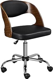 Yaheetech Adjustable Office Chair Armless Desk Chair Walnut Wood Finish Computer Chair Bent Wooden Desk Chair Height Adjustable Swivel Draft Chair with Leather Seat, Black