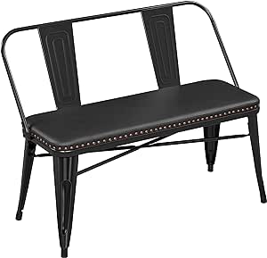 Yaheetech Dining Bench Farmhouse Bench Metal Dining Bench Upholstered Dining Room Bench with Removable Backrest Long Bench for Dining Room, Kitchen, Garden, Backyard Black