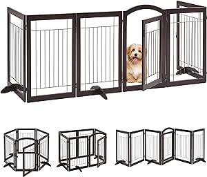 Yaheetech 123'' Extra Wide Pet Gate with Door Freestanding Dog Gate for Doorways 6 Panels Pet Dog Gate Indoor with 3PCS Support Feet, 123'' x 32'' Espresso