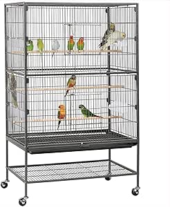 Cage is good for the price, it is sturdy and not too difficult to put together. Instructions could probably be more detailed, as there are no numbers labeled on any of the pieces. I have my 2 budgies in the cage currently, and it is definitely big enough for them both to be comfortable in together. Plenty of space. The food bowls arent very big, but I will probably just use them for when I give them their treats. I love the wheels on this cage also, very easy to move around.