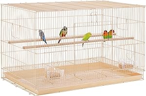 My birds are so happy in this cage! I had first bought a tall and thinner cage but I noticed my birds didn't really use the bottom half at all. It was also a great cage made by this company.The cage is sturdy, I can fill their decent sized bird bath and set it on top along with a food bowl with no issue. The cage parts all line uo fairly well, except for one upper corner I have that just won't sit right. But it still works fine! I like that there are 4 doors, one being almost a 3rd of the size o