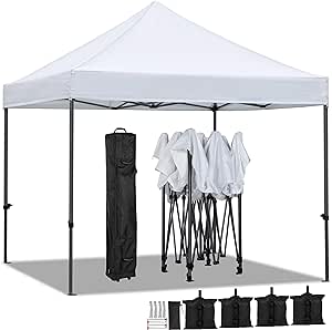 Used it a couple of times and is easy to assemble and fold back into the package. Did not rain anytime I used it so not sure if it will hold rain but otherwise high enough to hand items in the front and back and perfect size for a popup tent to sell stuff.