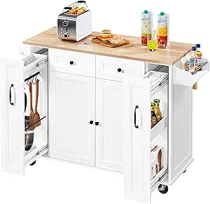 Yaheetech Rolling Kitchen Island with Drop-Leaf Rubberwood Top and 2 Pull-Outs, 52" W Kitchen Cart Breakfast Bar on Lockable Wheels with Storage Cabinet & 2 Drawers & Adjustable Shelves, White