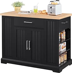 Yaheetech Kitchen Island on Hidden Wheels, Rolling Kitchen Cart with Thicker Rubberwood Top & 3 Drawers & Open Shelves, Storage Cabinet with Adjustable Shelves for Dining Room, 46″L × 22″W, Black