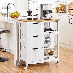 Yaheetech Kitchen Island Cart on Wheels with Bamboo Countertop, Rolling Serving Utility Trolley Cart with 3 Drawers, 3 Removable Shelves & Lockable Casters, Storage Cabinet for Dining Room, Bar, White