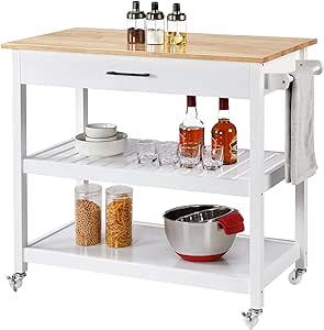 Yaheetech Kitchen Island Cart on Wheels, 3 Tiers Rolling Utility Cart with Rubberwood Countertop and Drawer & 2 Spacious Storage Shelf, Serving Trolley for Dining Room, White