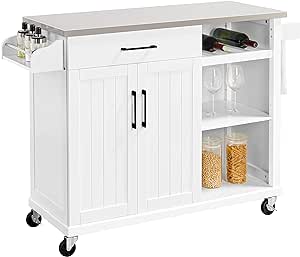 Yaheetech Kitchen Island Cart with Stainless Steel Top, Rolling Cabinet on Wheels with Drawer and Wine Storage Shelf, Open Shelves & Spice Rack Towel Rack, White