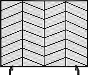 Yaheetech Single Panel Fireplace Screen Black Indoors with Screens, Spark Guard Fireplace Screen with Chevron Metal Mesh, Wrought Iron Mesh Fireplace Screen with Stand for Home