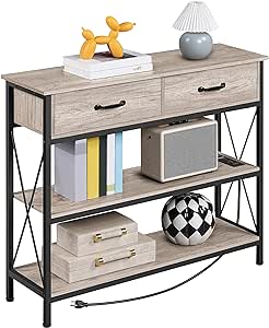 Yaheetech Industrial Console Table with Power Outlets and USB Ports, Entryway Table with 2 Drawers, Narrow Sofa Table with Storage Shelves for Living Room, Hallway, Metal Frame, Gray